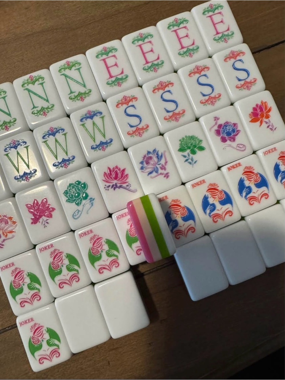 White Floral Mahjong Tiles Set with Pink, Green and Blue Accents